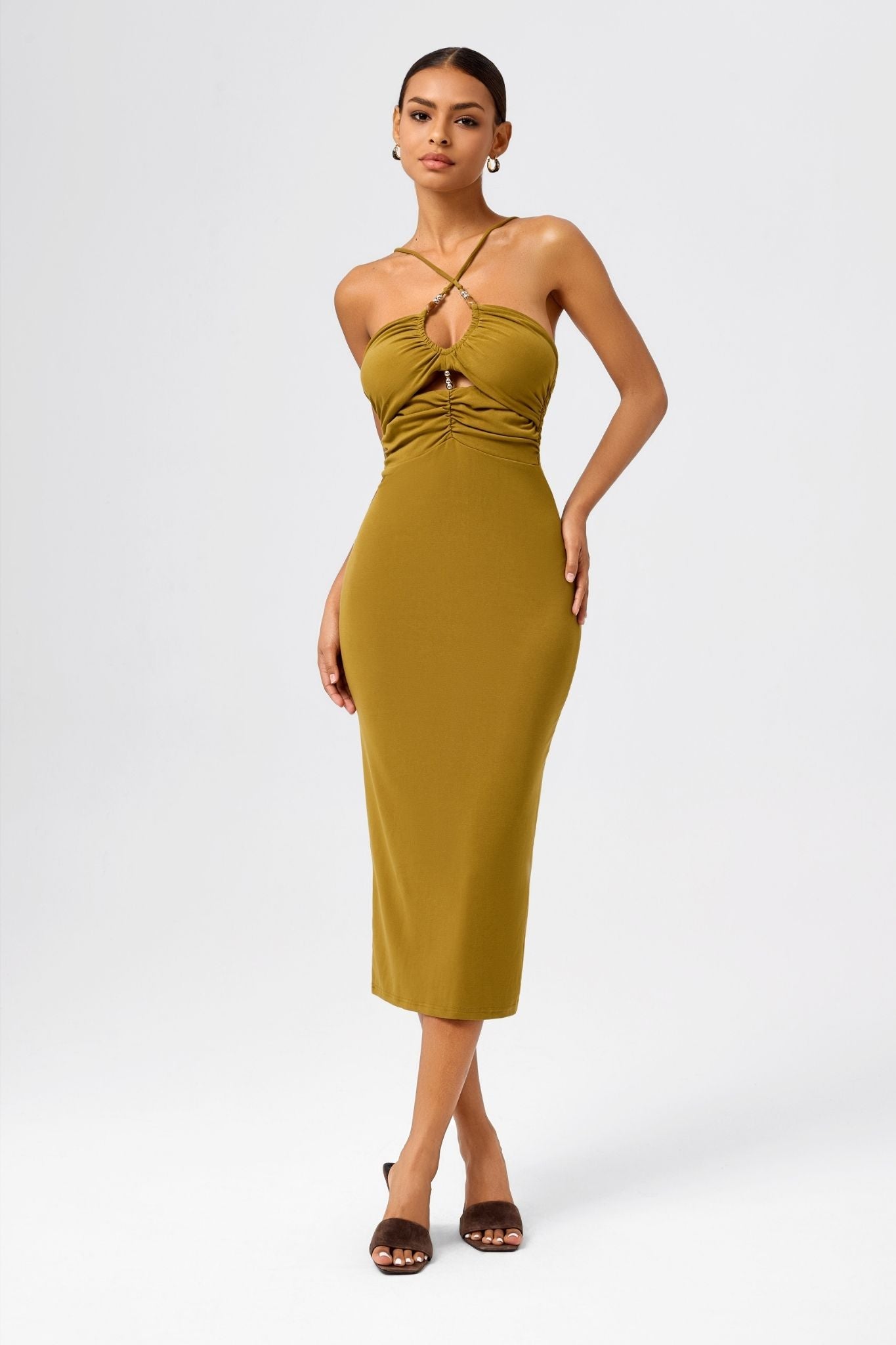 Cross-Halter Bodycon Midi Dress with Cutout HOLO LOKA Cross-Halter Bodycon Midi Dress with Cutout HOLO LOKA