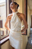 Asymmetric Halter Satin Mini Dress with Detachable Scarf in Silky White