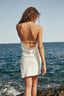 Asymmetric Halter Satin Mini Dress with Detachable Scarf in Silky White