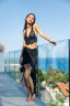 Pleated Drawstring High Slit Mini Skirt in Black