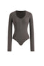 Zip-Front U-Neck Long Sleeve Bodysuit in Grey