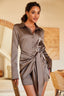 Button-Front Lace-Up Waist Satin Shirt Dress in Coffee