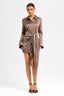 Button-Front Lace-Up Waist Satin Shirt Dress in Coffee