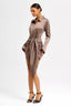 Button-Front Lace-Up Waist Satin Shirt Dress in Coffee