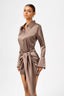 Button-Front Lace-Up Waist Satin Shirt Dress in Coffee