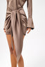 Button-Front Lace-Up Waist Satin Shirt Dress in Coffee
