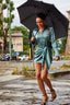 Button-Front Lace-Up Waist Satin Shirt Dress in Coffee