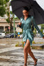 Button-Front Lace-Up Waist Satin Shirt Dress in Coffee