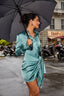 Button-Front Lace-Up Waist Satin Shirt Dress in Coffee