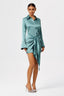 Button-Front Lace-Up Waist Satin Shirt Dress in Coffee