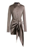 Button-Front Lace-Up Waist Satin Shirt Dress in Coffee