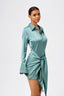 Button-Front Lace-Up Waist Satin Shirt Dress in Coffee
