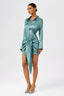 Button-Front Lace-Up Waist Satin Shirt Dress in Coffee