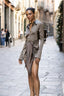 Button-Front Lace-Up Waist Satin Shirt Dress in Coffee
