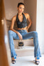 High-Waist Flared Slit Jeans in Vintage Blue