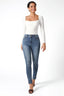 High-Waist Tapered Ankle Slit Jeans in Blue