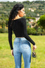 Square Neck Padded Long Sleeve Top in Black