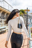 Square Neck Padded Long Sleeve Top in Black