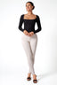 Square Neck Padded Long Sleeve Top in Black