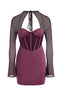 Halter Off-Shoulder Mesh Long Sleeve Corset Midi Dress in Violet