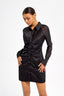 Satin Ruched Button-Up Long-Sleeved Shirt Dress in Black