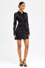Satin Ruched Button-Up Long-Sleeved Shirt Dress in Black