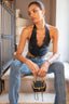 Halter Deep V Lace Trim PU Leather Vest in Black