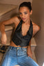 Halter Deep V Lace Trim PU Leather Vest in Black