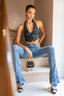 Halter Deep V Lace Trim PU Leather Vest in Black