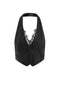 Halter Deep V Lace Trim PU Leather Vest in Black