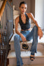 Halter Deep V Lace Trim PU Leather Vest in Black