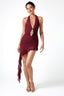 Waist Diamond Halter Tie Mini Dress with Sleeve Covers in Red Wine