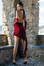 Waist Diamond Halter Tie Mini Dress with Sleeve Covers in Red Wine