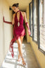 Waist Diamond Halter Tie Mini Dress with Sleeve Covers in Red Wine
