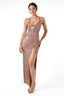 Sequined Halter Deep V Lace-Up Slit Gown in Champagne