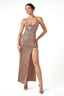 Sequined Halter Deep V Lace-Up Slit Gown in Champagne