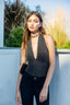 Deep V Halter Sleeveless Bodysuit in Black