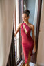 One-Shoulder Cut-Out Ruched Slit Midi Dress in Black