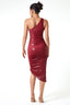 One-Shoulder Cut-Out Ruched Slit Midi Dress in Black