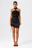 Satin Drawstring Ruched Pencil Mini Skirt in Black