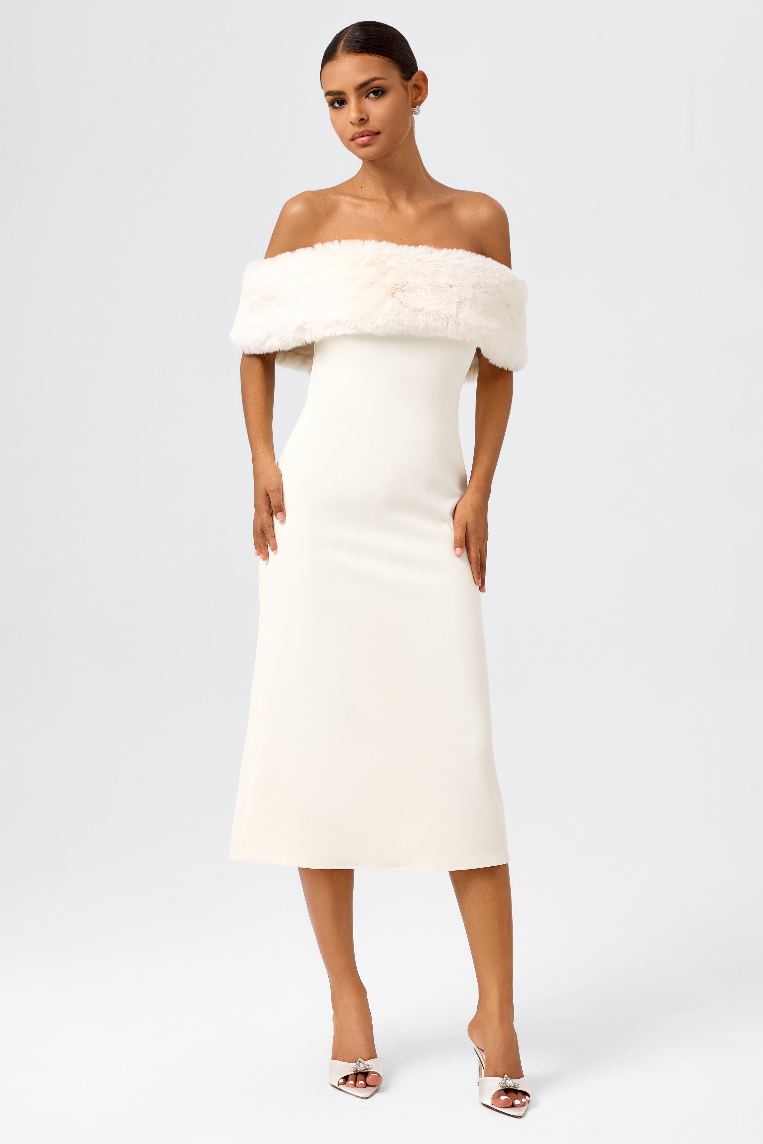 faux fur trim off shoulder midi dress Faux Fur Off-Shoulder Midi Dress for Winter Styling
