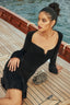 Seagull Neck Faux Fur Trim Long Sleeve Knit Dress in Black