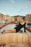Seagull Neck Faux Fur Trim Long Sleeve Knit Dress in Black