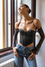 Halter Off-Shoulder Mesh Long Sleeve Corset Top in Black