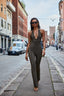 Deep V Halter Backless Shimmer Jumpsuit in Vintage Gold