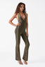 Deep V Halter Backless Shimmer Jumpsuit in Vintage Gold
