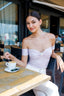Diamond Embellished Off-Shoulder Knit Top in Taro Purple