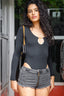 Pull-On Double Zip Ultra Short Denim Shorts in Slimming Black