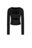 Boat Neck Cut-Out Decorative Long Sleeve Top in Black