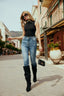 High-Waist Tapered Ankle Slit Jeans in Blue
